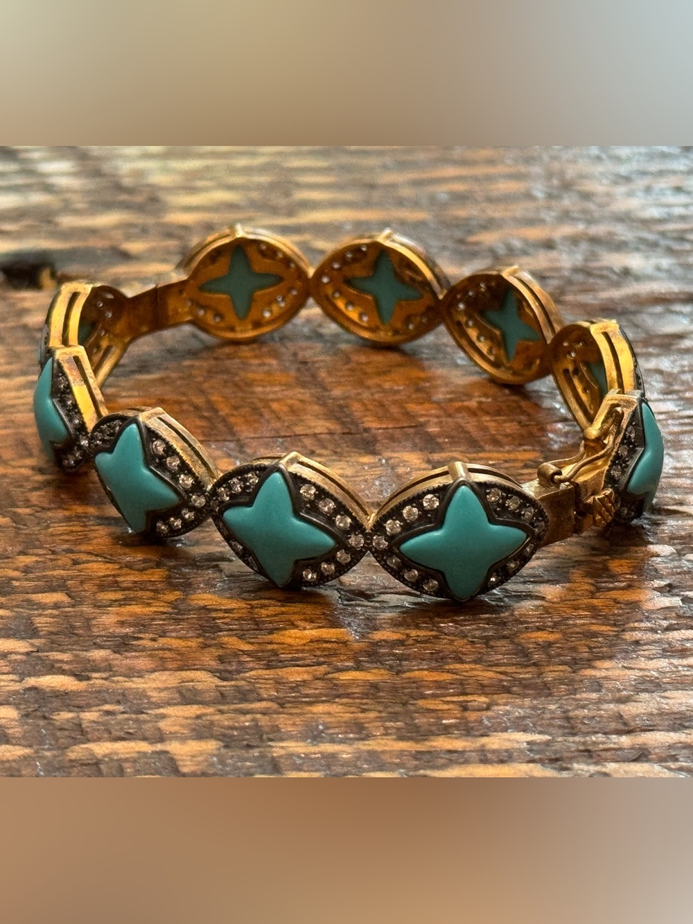 Turquoise Enamel Star Quatrefoil Crystal Gold Tone Link Bracelet
